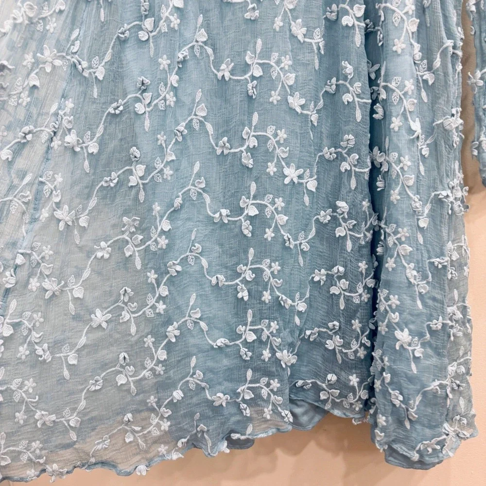 Sundance Blue Embroidered Mesh Lace Empire Waist Dress Sz 16 Boho Cottagecore - Picture 6 of 12